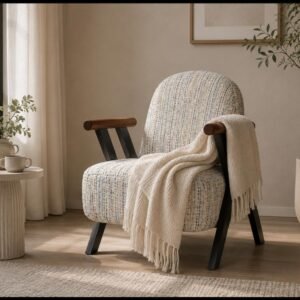 Woven lounge chair with wood arms and black steel frame in a modern living room corner