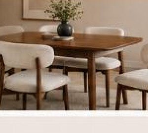 Modern wood dining table set with six upholstered chairs
