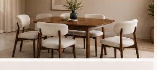 Modern wood dining table set with six upholstered chairs